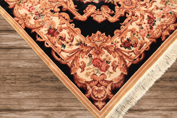 6x9 Ivory, Black, Brown Color Hand Knotted French Aubusson Savonnerie Wool Traditional Oriental Rug