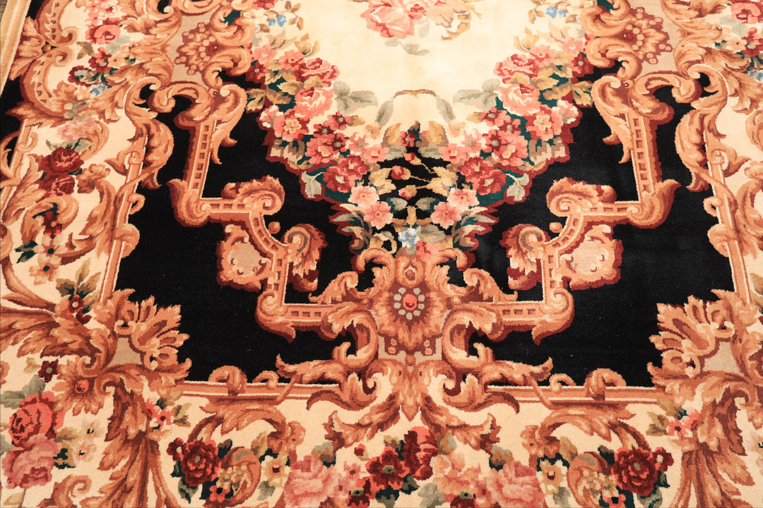 6x9 Ivory, Black, Brown Color Hand Knotted French Aubusson Savonnerie Wool Traditional Oriental Rug