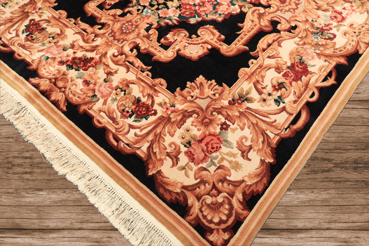 6x9 Ivory, Black, Brown Color Hand Knotted French Aubusson Savonnerie Wool Traditional Oriental Rug