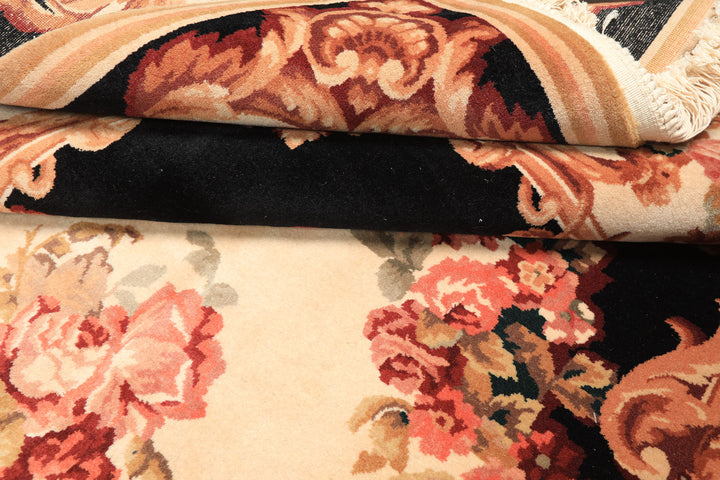 6x9 Ivory, Black, Brown Color Hand Knotted French Aubusson Savonnerie Wool Traditional Oriental Rug