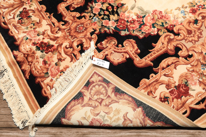 6x9 Ivory, Black, Brown Color Hand Knotted French Aubusson Savonnerie Wool Traditional Oriental Rug