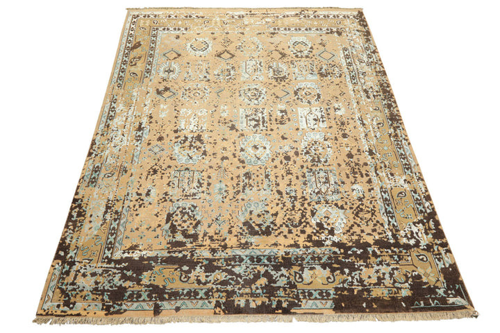 8x10 Beige, Moss, Chocolate Color Hand Knotted Oushak Wool &amp; Bamboo Silk Transitional Oriental Rug