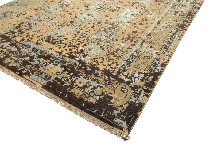 8x10 Beige, Moss, Chocolate Color Hand Knotted Oushak Wool &amp; Bamboo Silk Transitional Oriental Rug