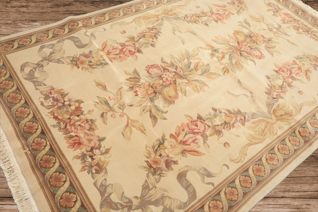 6x9 Ivory, Brown, Taupe Color Hand Knotted French Aubusson Savonnerie Wool & Silk Traditional Oriental Rug