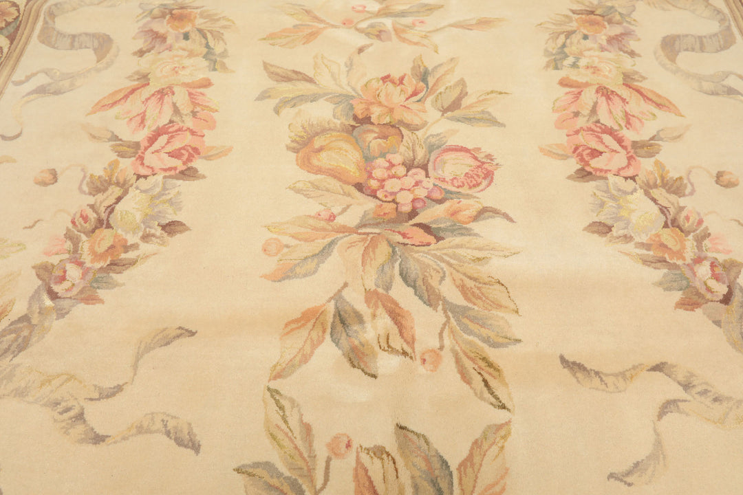 6x9 Ivory, Brown, Taupe Color Hand Knotted French Aubusson Savonnerie Wool & Silk Traditional Oriental Rug