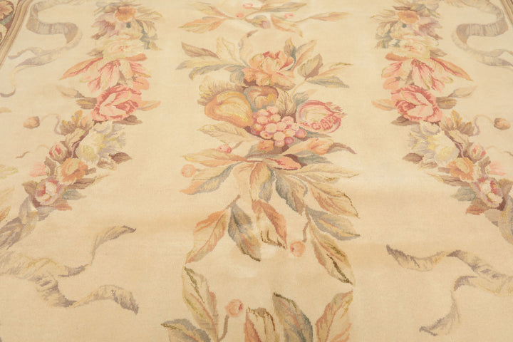 6x9 Ivory, Brown, Taupe Color Hand Knotted French Aubusson Savonnerie Wool & Silk Traditional Oriental Rug