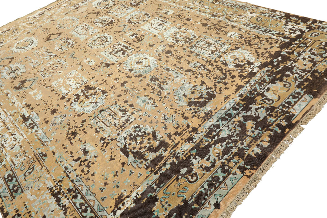 8x10 Beige, Moss, Chocolate Color Hand Knotted Oushak Wool &amp; Bamboo Silk Transitional Oriental Rug