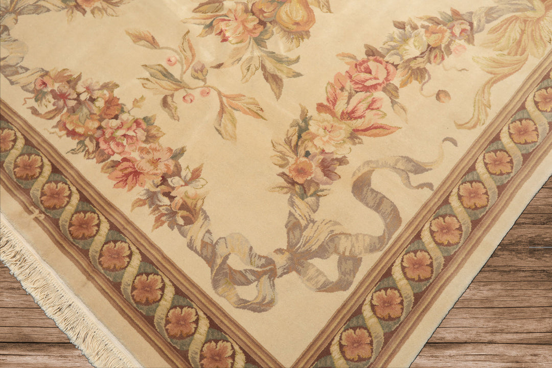 6x9 Ivory, Brown, Taupe Color Hand Knotted French Aubusson Savonnerie Wool & Silk Traditional Oriental Rug