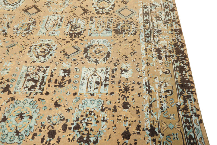 8x10 Beige, Moss, Chocolate Color Hand Knotted Oushak Wool &amp; Bamboo Silk Transitional Oriental Rug