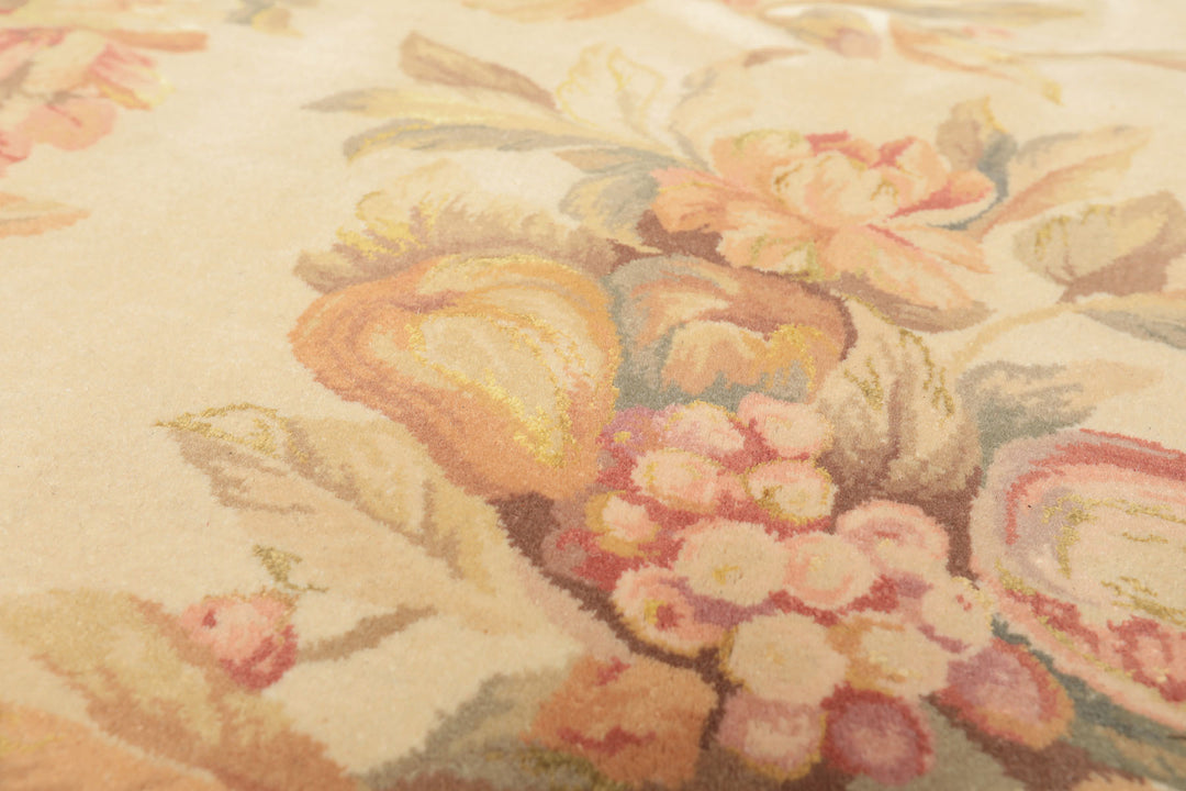 6x9 Ivory, Brown, Taupe Color Hand Knotted French Aubusson Savonnerie Wool & Silk Traditional Oriental Rug