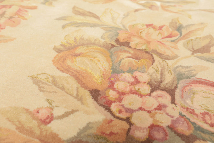 6x9 Ivory, Brown, Taupe Color Hand Knotted French Aubusson Savonnerie Wool & Silk Traditional Oriental Rug