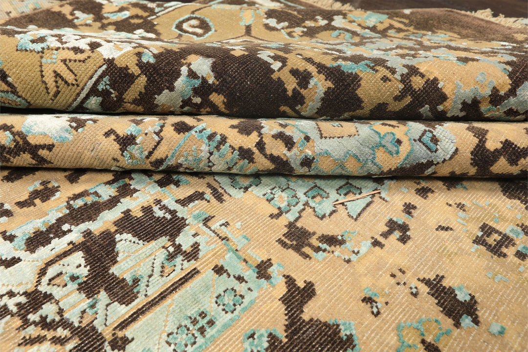 8x10 Beige, Moss, Chocolate Color Hand Knotted Oushak Wool &amp; Bamboo Silk Transitional Oriental Rug