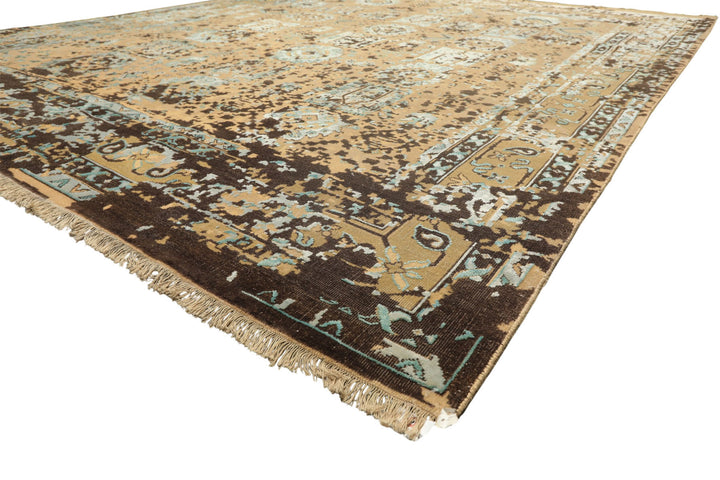 8x10 Beige, Moss, Chocolate Color Hand Knotted Oushak Wool &amp; Bamboo Silk Transitional Oriental Rug