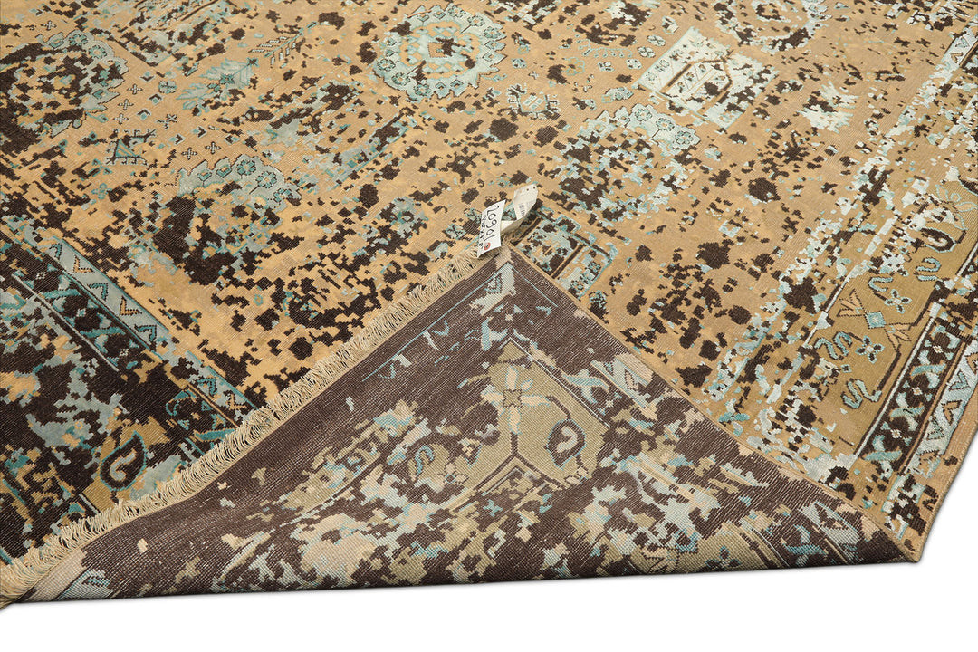 8x10 Beige, Moss, Chocolate Color Hand Knotted Oushak Wool &amp; Bamboo Silk Transitional Oriental Rug