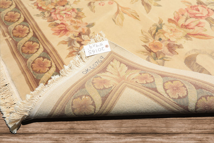 6x9 Ivory, Brown, Taupe Color Hand Knotted French Aubusson Savonnerie Wool & Silk Traditional Oriental Rug