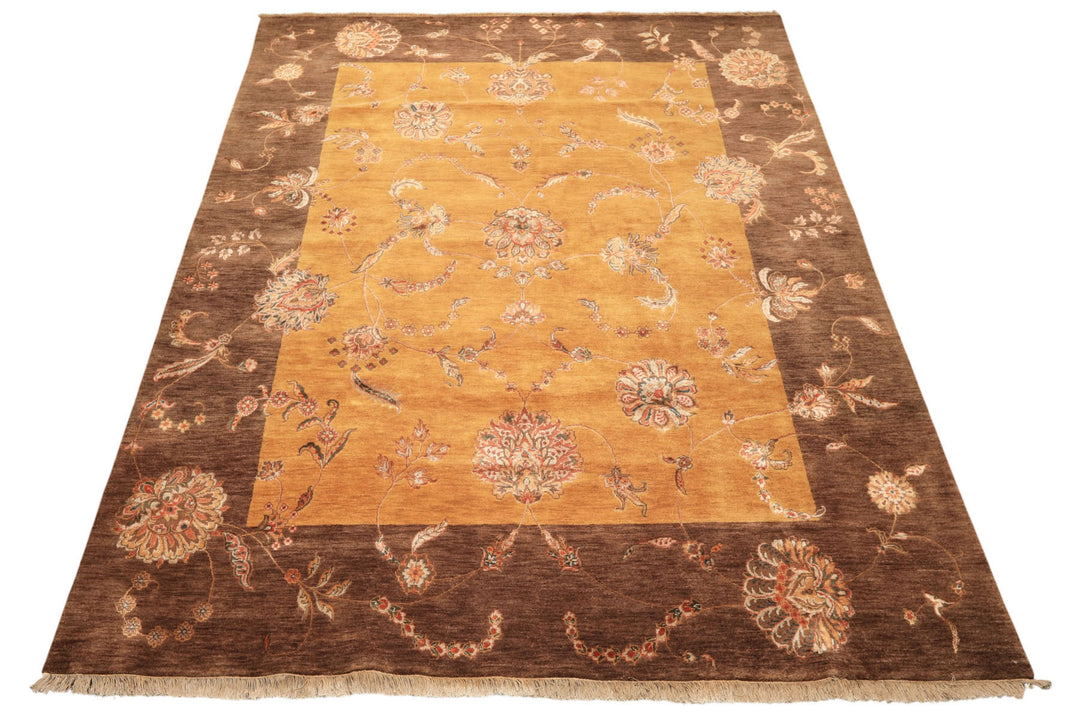 8x10 Gold, Brown, Mint Color Hand Knotted Agra Wool &amp; Silk Transitional Oriental Rug