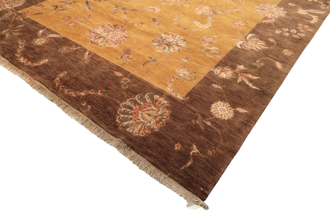 8x10 Gold, Brown, Mint Color Hand Knotted Agra Wool &amp; Silk Transitional Oriental Rug