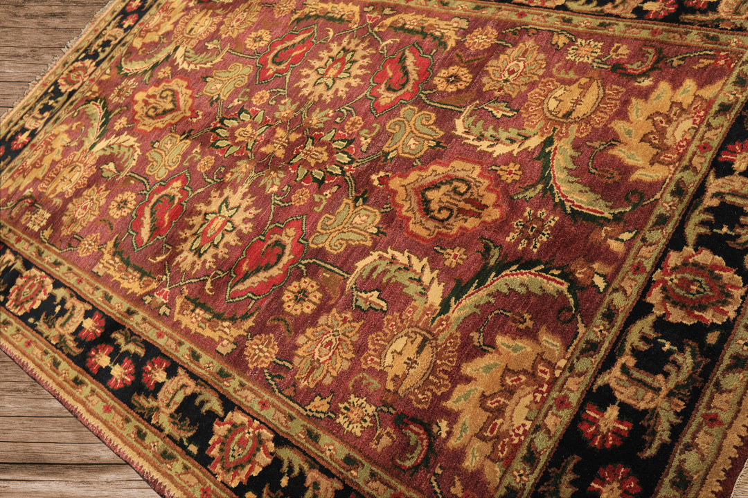 6x9 Plum, Black, Lime Color Hand Knotted Agra Wool Traditional Oriental Rug