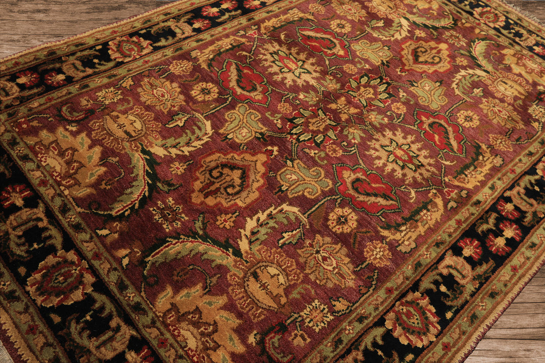 6x9 Plum, Black, Lime Color Hand Knotted Agra Wool Traditional Oriental Rug