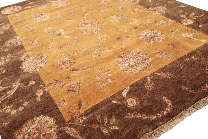 8x10 Gold, Brown, Mint Color Hand Knotted Agra Wool &amp; Silk Transitional Oriental Rug