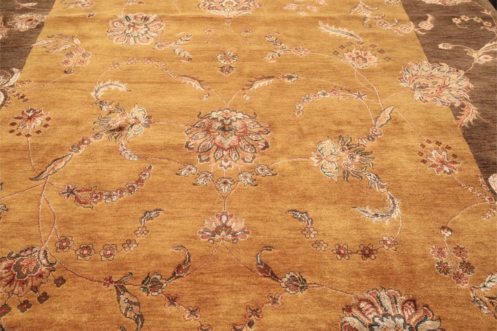 8x10 Gold, Brown, Mint Color Hand Knotted Agra Wool &amp; Silk Transitional Oriental Rug