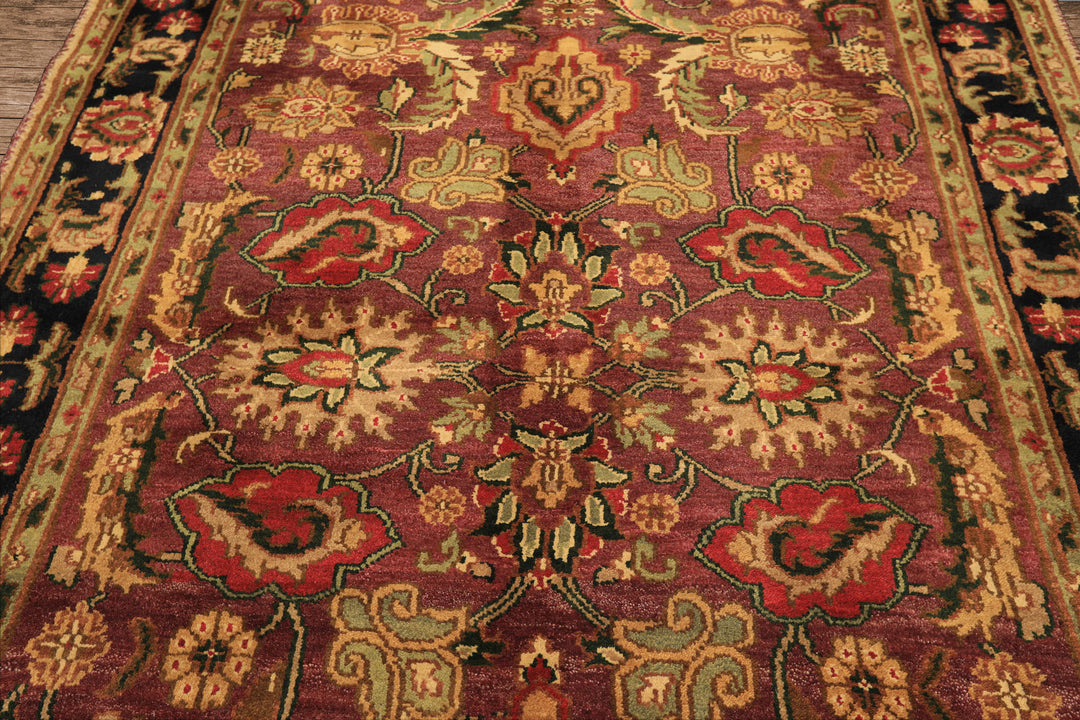 6x9 Plum, Black, Lime Color Hand Knotted Agra Wool Traditional Oriental Rug