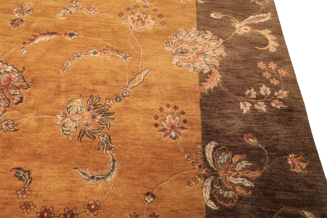 8x10 Gold, Brown, Mint Color Hand Knotted Agra Wool &amp; Silk Transitional Oriental Rug