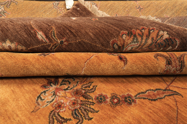 8x10 Gold, Brown, Mint Color Hand Knotted Agra Wool &amp; Silk Transitional Oriental Rug