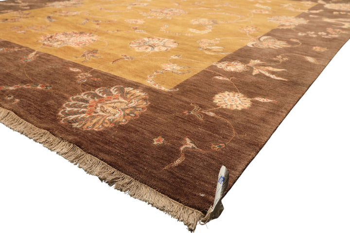 8x10 Gold, Brown, Mint Color Hand Knotted Agra Wool &amp; Silk Transitional Oriental Rug
