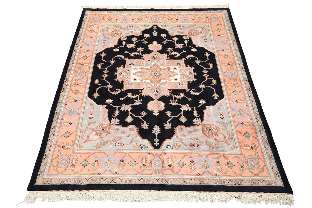 8x10 Black, Peach, Ivory Color Hand Knotted Heriz Wool Traditional Oriental Rug