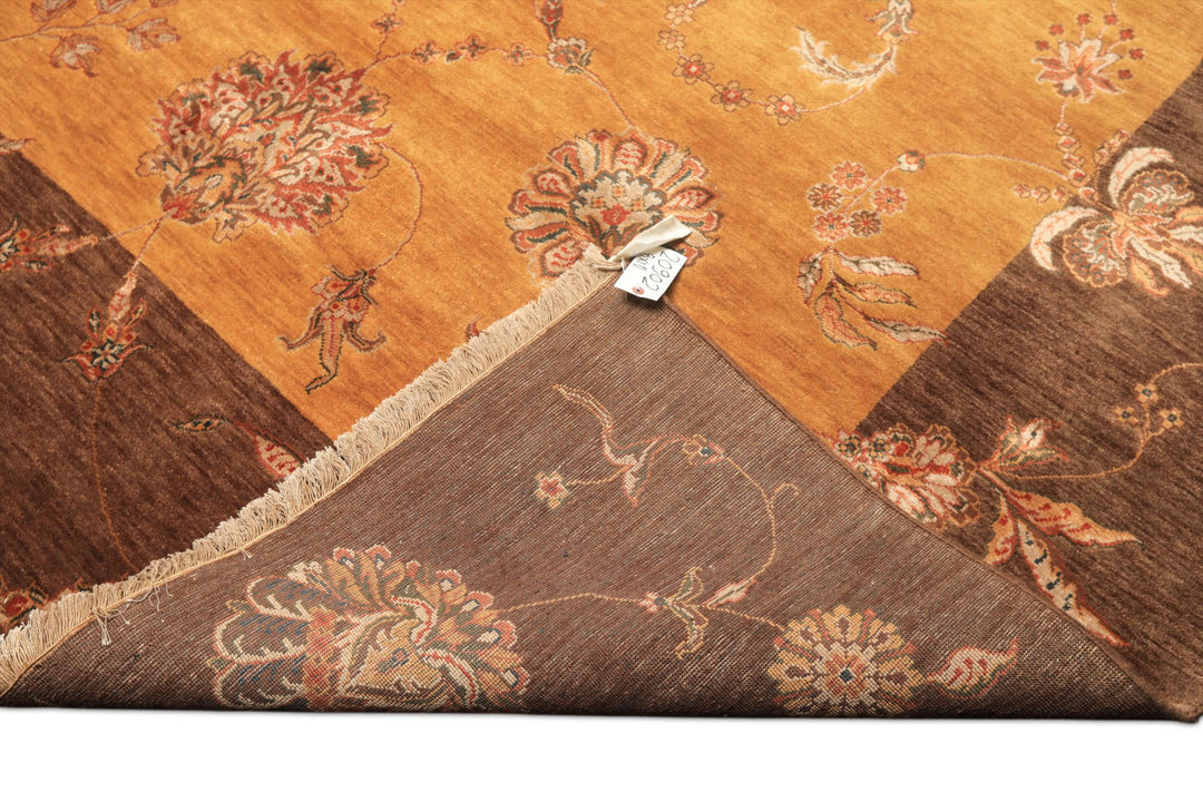 8x10 Gold, Brown, Mint Color Hand Knotted Agra Wool &amp; Silk Transitional Oriental Rug