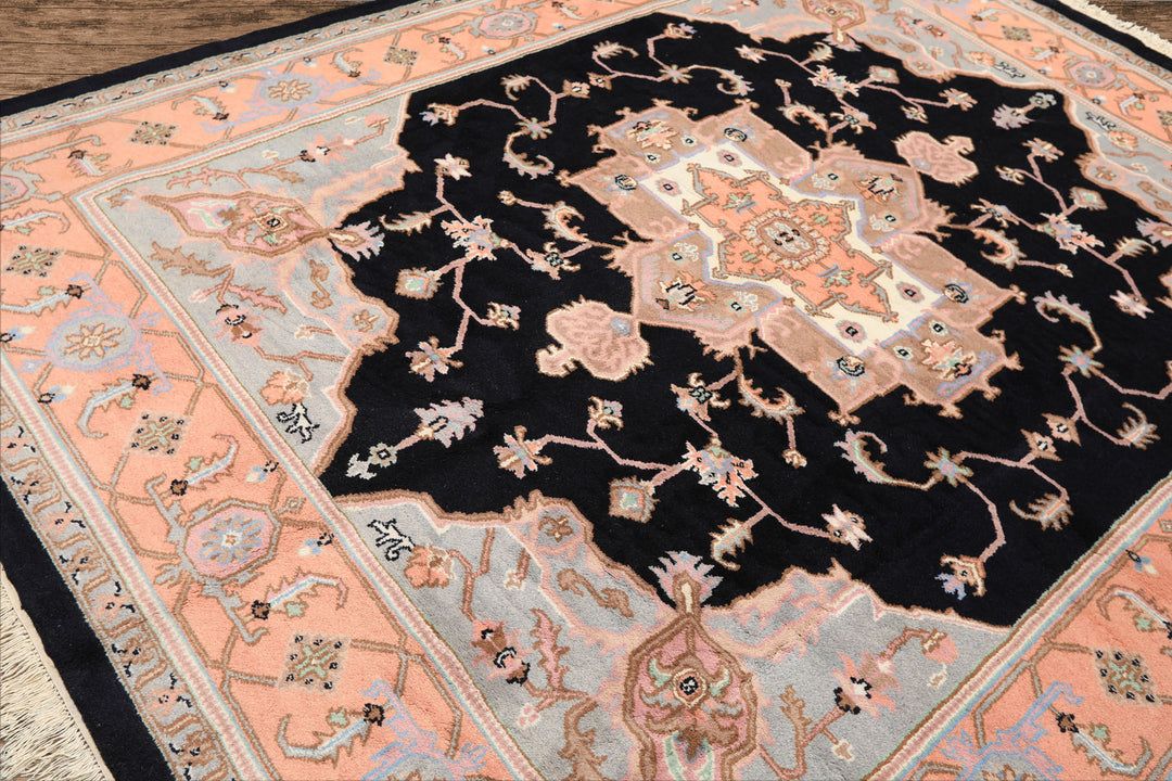 8x10 Black, Peach, Ivory Color Hand Knotted Heriz Wool Traditional Oriental Rug