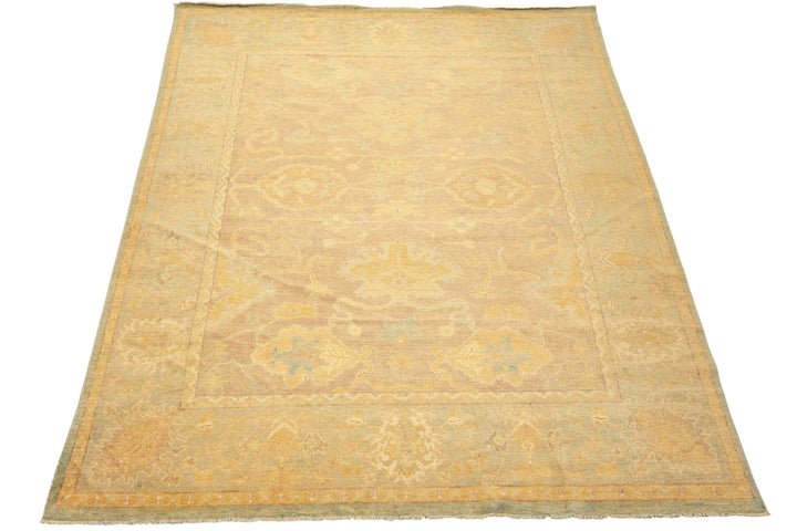 8x10 Taupe, Aqua, Gold Color Hand Knotted Oushak New Zealand Wool Transitional Oriental Rug