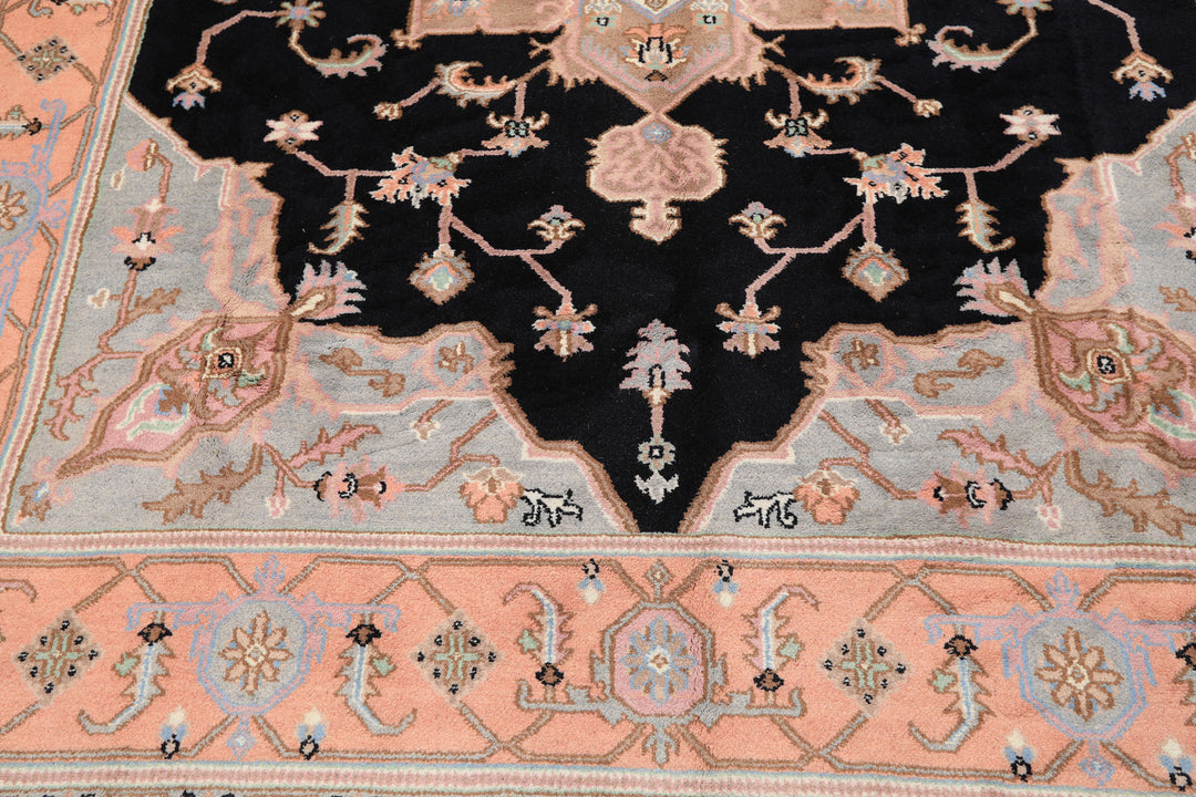 8x10 Black, Peach, Ivory Color Hand Knotted Heriz Wool Traditional Oriental Rug
