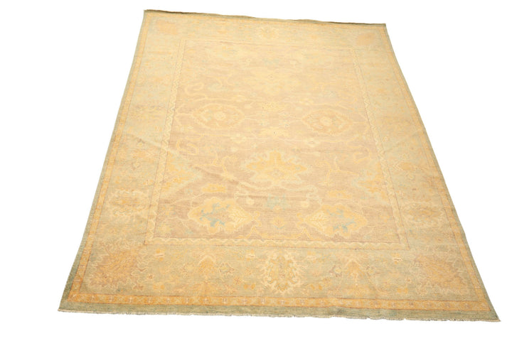8x10 Taupe, Aqua, Gold Color Hand Knotted Oushak New Zealand Wool Transitional Oriental Rug