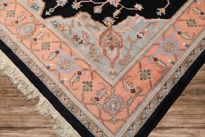 8x10 Black, Peach, Ivory Color Hand Knotted Heriz Wool Traditional Oriental Rug