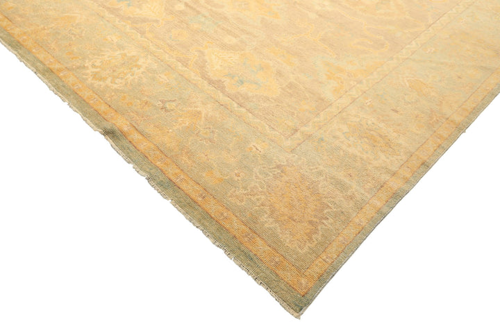 8x10 Taupe, Aqua, Gold Color Hand Knotted Oushak New Zealand Wool Transitional Oriental Rug