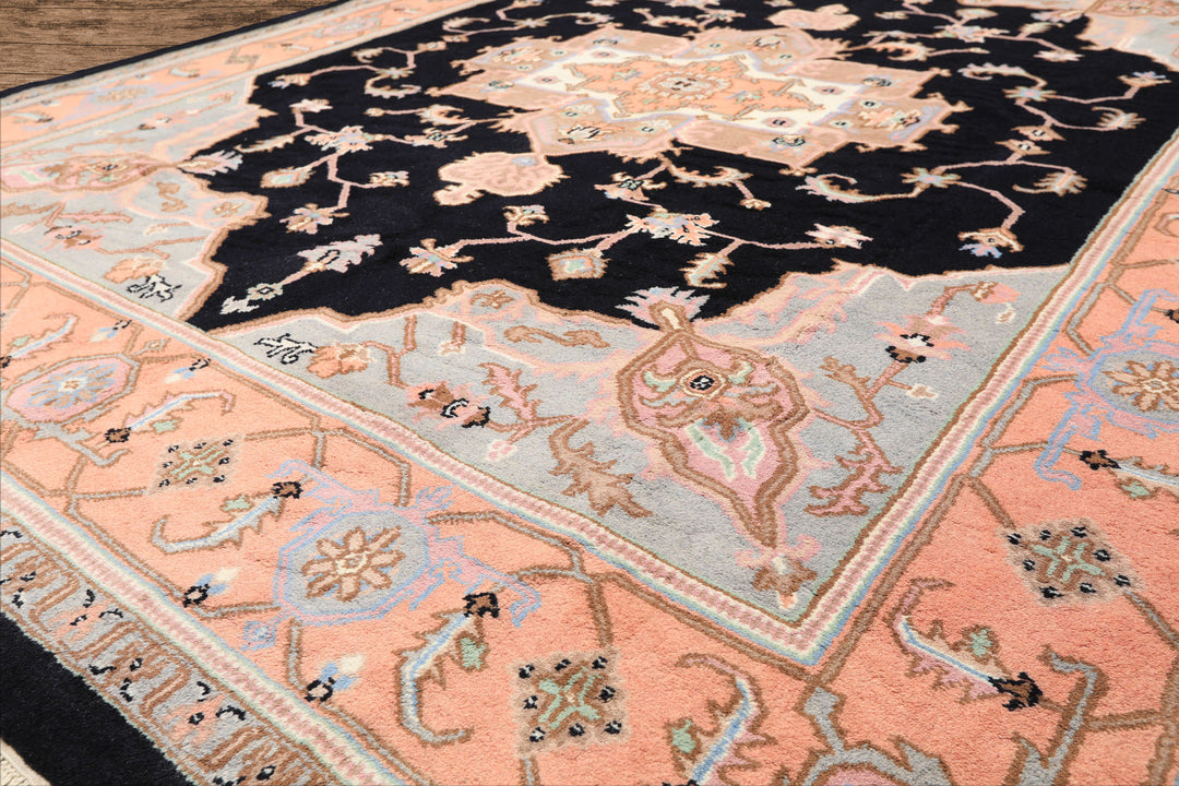 8x10 Black, Peach, Ivory Color Hand Knotted Heriz Wool Traditional Oriental Rug