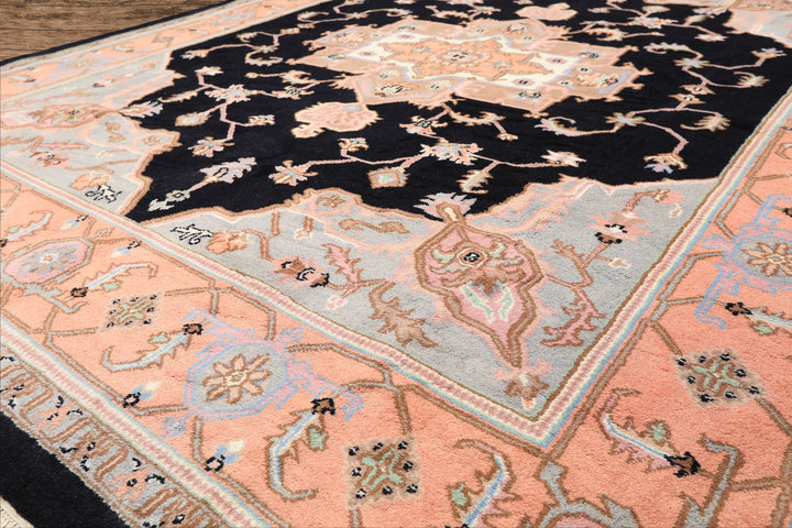 8x10 Black, Peach, Ivory Color Hand Knotted Heriz Wool Traditional Oriental Rug