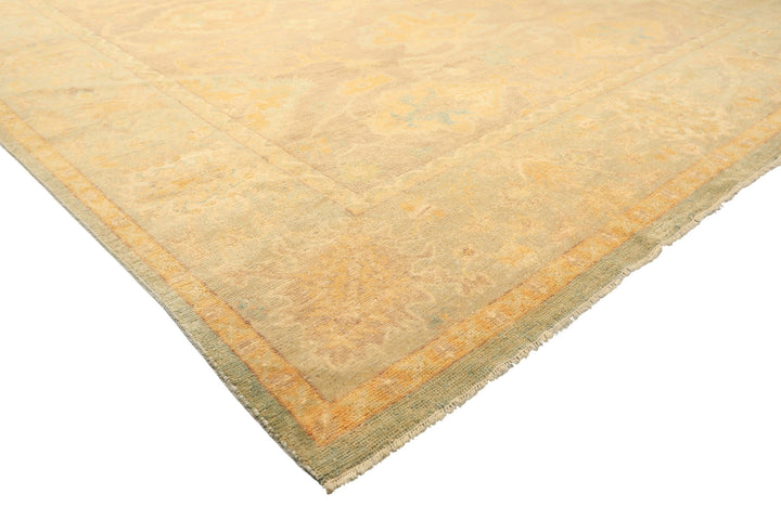 8x10 Taupe, Aqua, Gold Color Hand Knotted Oushak New Zealand Wool Transitional Oriental Rug