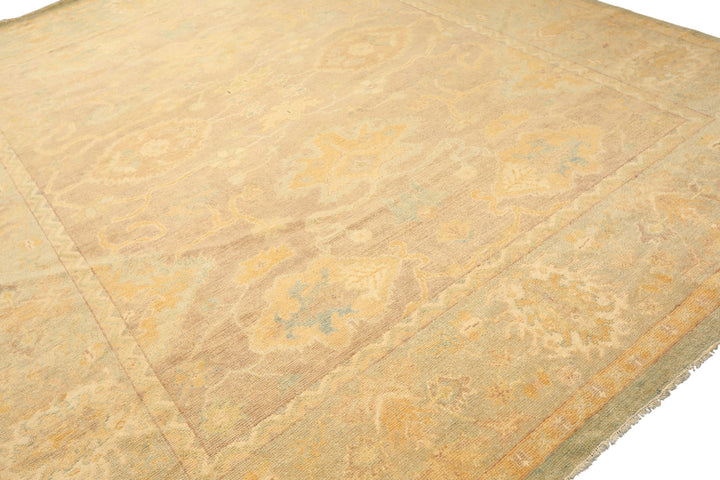 8x10 Taupe, Aqua, Gold Color Hand Knotted Oushak New Zealand Wool Transitional Oriental Rug