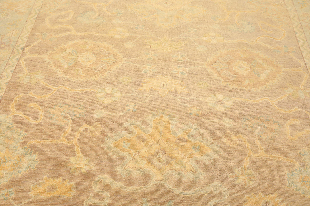 8x10 Taupe, Aqua, Gold Color Hand Knotted Oushak New Zealand Wool Transitional Oriental Rug