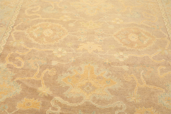 8x10 Taupe, Aqua, Gold Color Hand Knotted Oushak New Zealand Wool Transitional Oriental Rug