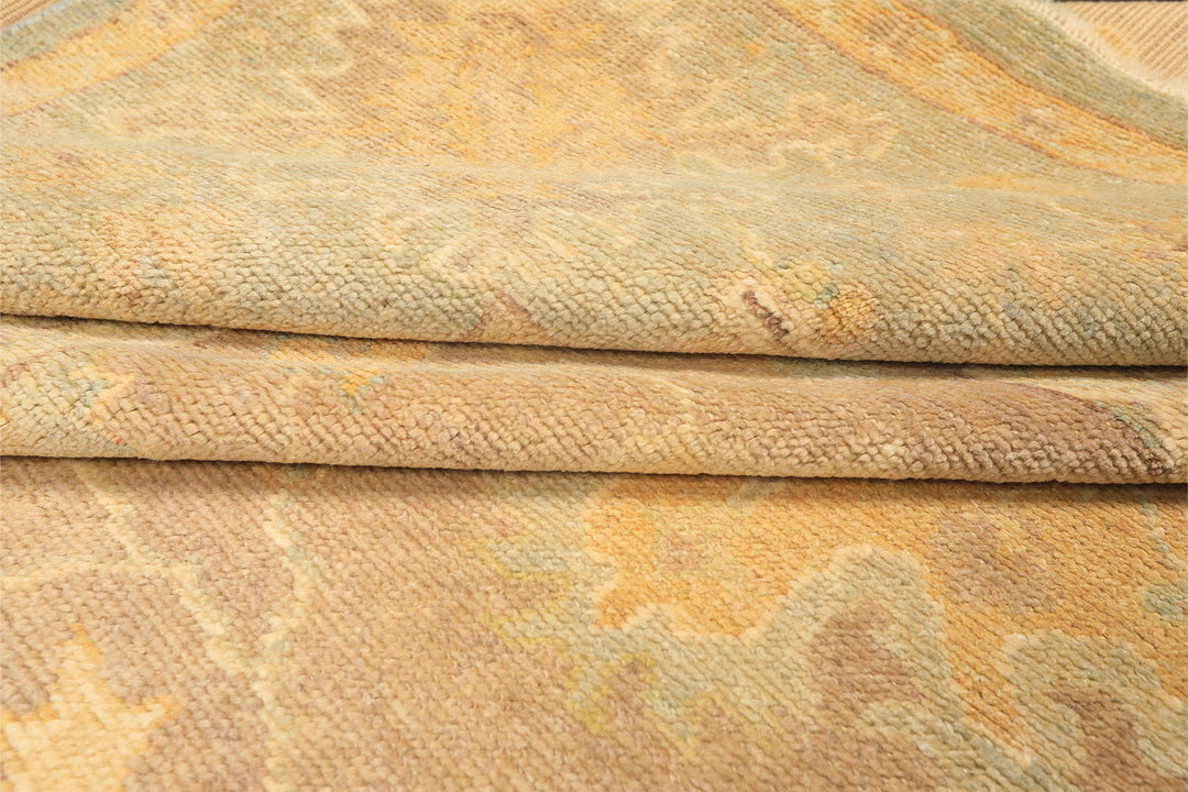 8x10 Taupe, Aqua, Gold Color Hand Knotted Oushak New Zealand Wool Transitional Oriental Rug