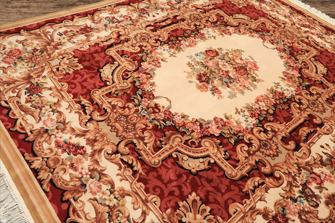 8x10 Ivory, Rose, Blush Color Hand Knotted French Aubusson Savonnerie Wool Traditional Oriental Rug