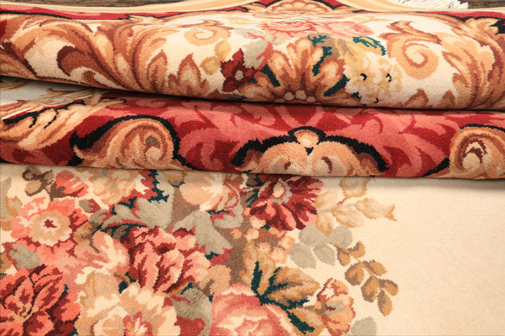 8x10 Ivory, Rose, Blush Color Hand Knotted French Aubusson Savonnerie Wool Traditional Oriental Rug