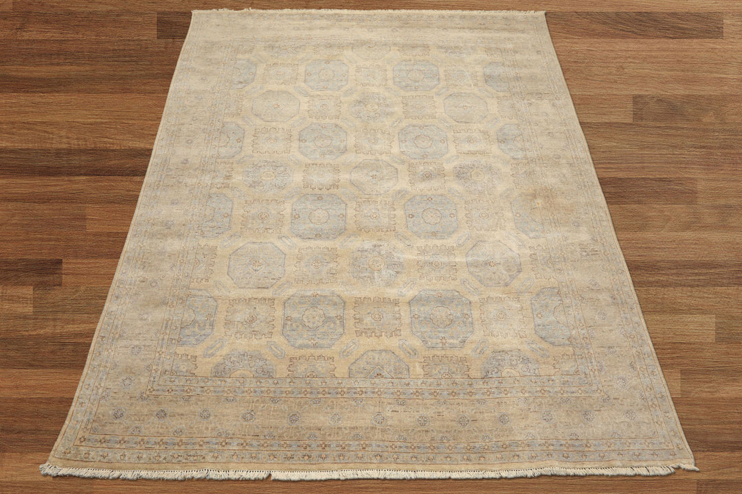 8x10 Beige, Taupe, Slate Color Hand Knotted Khotan Wool Transitional Oriental Rug