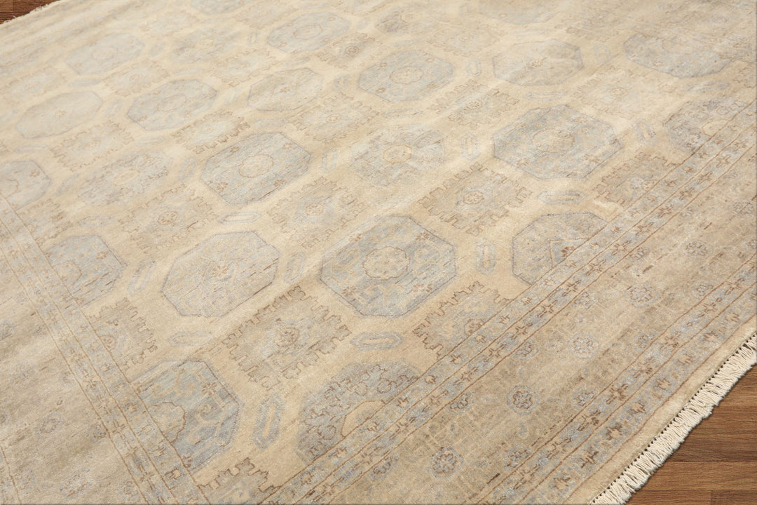 8x10 Beige, Taupe, Slate Color Hand Knotted Khotan Wool Transitional Oriental Rug