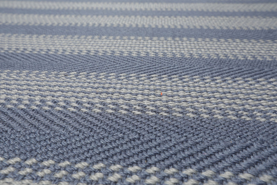 Multi Size Tone on Tone Blue Color Hand Woven Striped New Zealand Wool Modern Oriental Rug