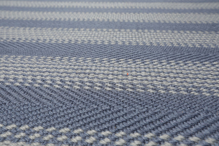 Multi Size Tone on Tone Blue Color Hand Woven Striped New Zealand Wool Modern Oriental Rug